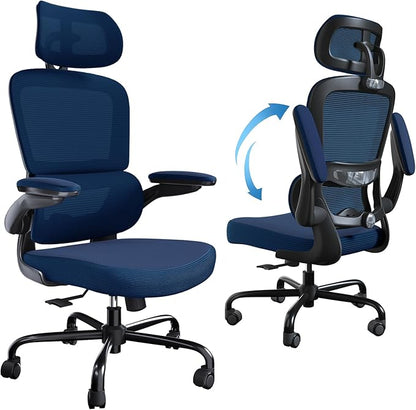 TRALT Ergonomic Office Chair - Desk Chair with Adjustable Headrest Lumbar Support Computer Chair - Mesh Comfy Chair with Flip-up Armrests - Gaming Chairs for Adults Home Office (Leather, Navy Blue)