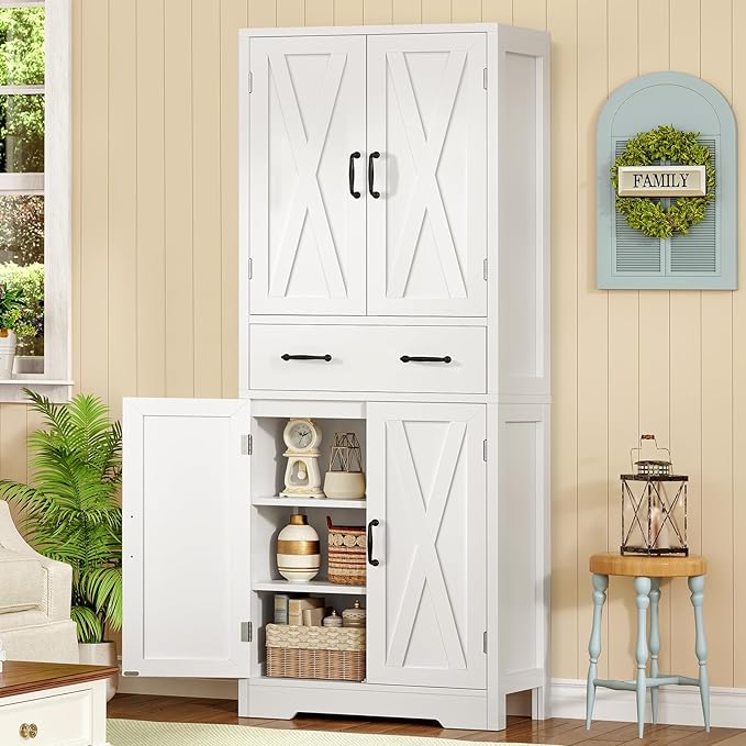 TEENFON Tall Storage Cabinet with 2 Adjustable Shelves & 1 Large Drawer, Kitchen Pantry Cabinet with 4 Doors, Bathroom Storage Cabinets, for Living Room, Kitchen, Bathroom, White