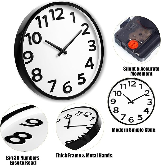 16 Inch Wall Clock - Large 3D Numbers Easy to Read, Silent Non-Ticking Battery Operated Analog Quartz Round Clock for Home, Office, Classroom, Seniors - Black