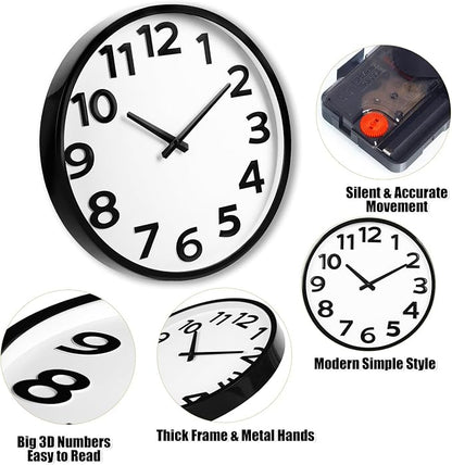 16 Inch Wall Clock - Large 3D Numbers Easy to Read, Silent Non-Ticking Battery Operated Analog Quartz Round Clock for Home, Office, Classroom, Seniors - Black