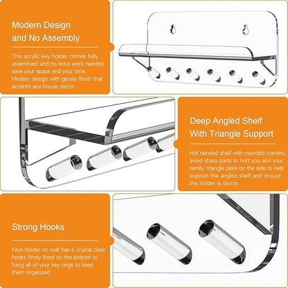 Beego Entryway Key Holder for Wall - Clear Acrylic Key Rack with Shelf Decorative Key Hanger Wall Mount Mail Organizer with 6 Key Hooks for Office Hallway Kitchen Living Room Home Décor