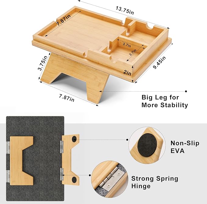 Bestjing Bamboo Couch Cup Holder Tray - 2 in 1 Couch Armrest Table with Be Slide-Away Detachable Double Holder - Sofa Armchair Caddy for Drinking Snacks iPad TV Remote