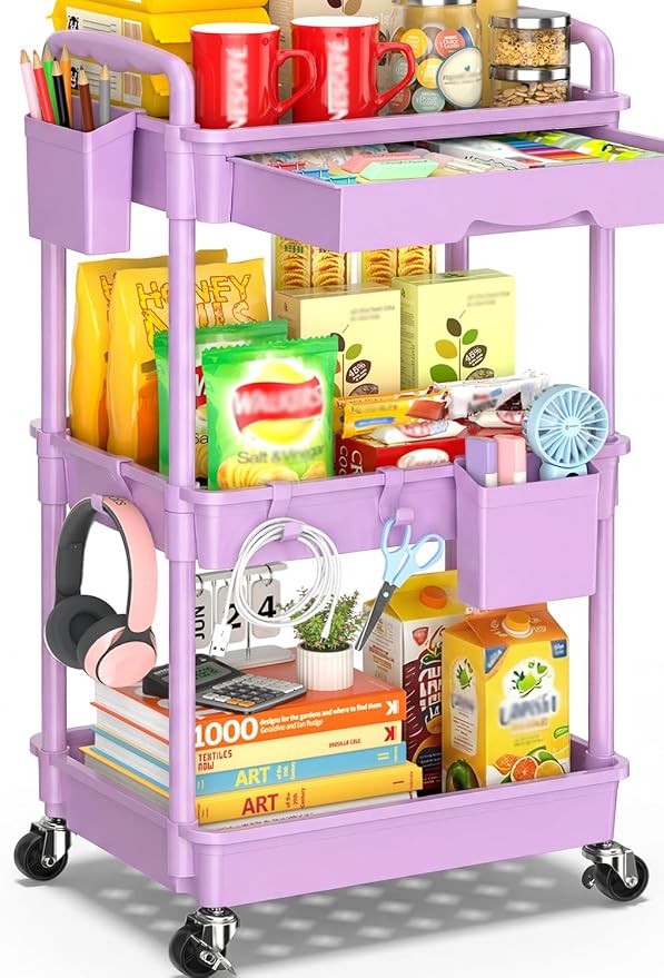 SUNALLY 3 Tier Rolling Cart Organizer with Drawer, Bathroom Storage Carts with Wheels & Plastic Shelf, Mobile Storage Organizers for Kitchen, Office, Laundry Room, Baby, Snack, Craft, Makeup, Purple