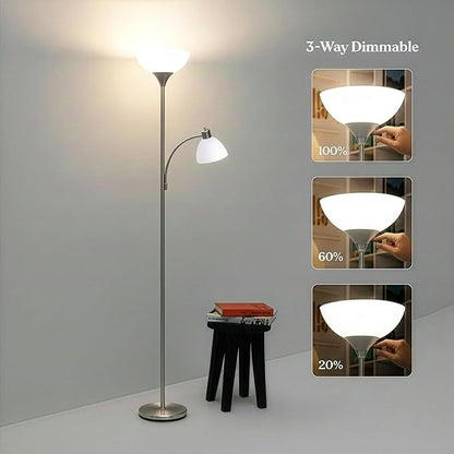 Brightech Sky Dome Plus LED Floor lamp, Torchiere Super Bright Floor Lamp with Reading Lamp for Living Rooms & Offices - Dimmable Tall Standing Lamp for Bedroom Reading - Silver