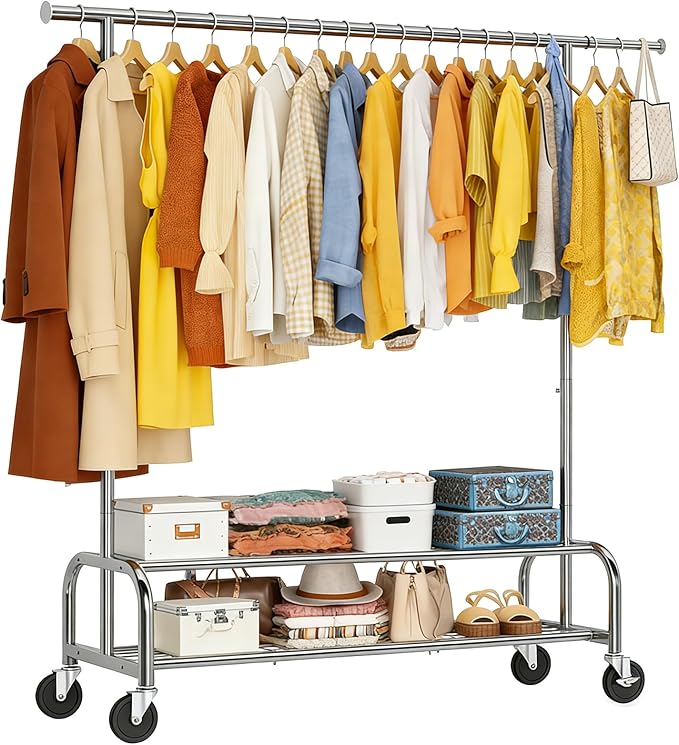 Simple Trending Heavy Duty Clothes Clothing Rack for Hanging, Rolling Garment Rack with Shelves Load 500 LBS, Chrome