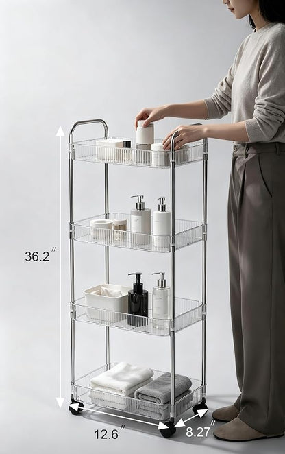 Sooyee Clear 4-Tier Plastic Rolling Utility Cart with Wheels, Multi-Functional Storage Trolley for Office, Living Room, Kitchen, Movable Storage Organizer with Wheels