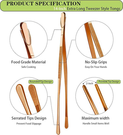 JETKONG 2 Pcs 14-Inch Kitchen Tweezers Extra Long Cooking Tweezer Tongs Stainless Steel Long Food Tweezers (Rose Gold)