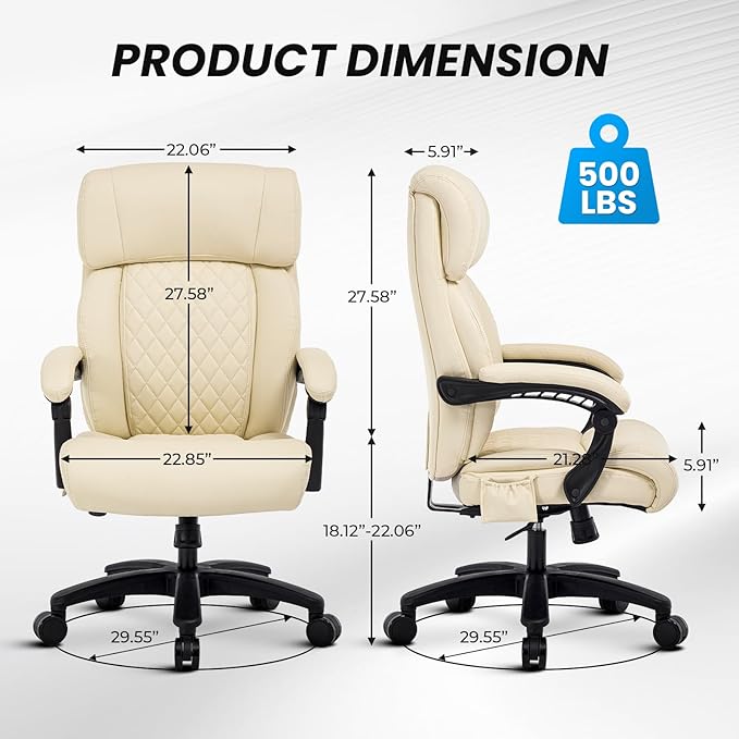 Big and Tall Office Chair, 500LBS Heavy Duty Massage Desk Chair, Ergonomic Executive Office Chair with High Back and Lumbar Support, Beige