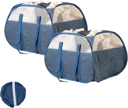 Collapsible Laundry Basket, 90L Foldable Pop-up Laundry Hamper with Reinforced Handles, Tear Proof Mesh Dirty Clothes Hamper for Laundry (Blue, 2PCS)