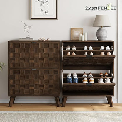 29.5“W Shoe Cabinet with 2 Embossed Checkerboard Pattern Flip Drawers, Freestanding Shoe Storage Cabinet with Solid Wooden Legs, Hidden Shoe Organizer for Entryway, Hallway, Walnut
