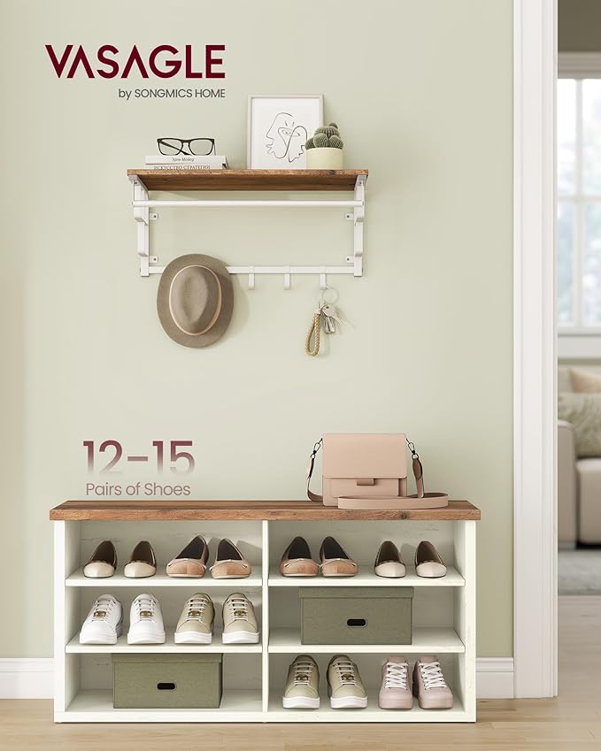 VASAGLE Shoe Bench, Storage Bench, 6 Compartments, Adjustable Shelves, for Living Room, Entryway, Dorm, 11.6 x 39.4 x 19.7 Inches, Rustic White and Honey Brown ULSB036W02