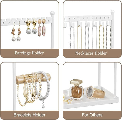 3 Tier white Jewelry Stand, Necklace Organizer, Earring Holder with 44 Holes and 9 Hooks, for Necklaces, Bracelets, Rings
