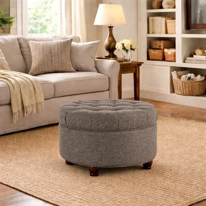 Homepop Home Decor | Button Tufted Woven Round Storage Ottoman | Ottoman with Storage for Living Room & Bedroom (Dark Gray)