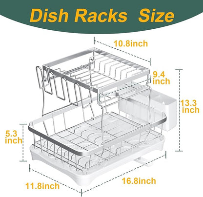 LIYI Dish Drying Rack,Large Dish Rack for Kitchen Counter,2-Tier Dish Racks with draining Tray,Detachable Capacity Dish Drainer Organizer,White