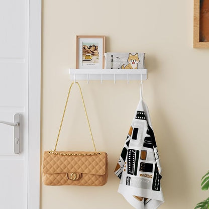 niffgaff White Key Holder Wall Mount, Stainless Steel Self Adhesive Hooks Rack with Shelf, No Drill Key Hanger for Door and Wall