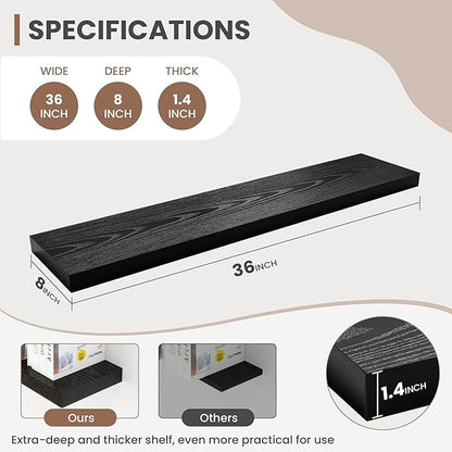 Acovy 36 Inch Floating Shelves, 8 Inch Deep Floating Shelves for Wall, Hanging Shelf with Invisible Brackets, Deep Shelves for Bathroom, Bedroom, Living Room, Black, Set of 2