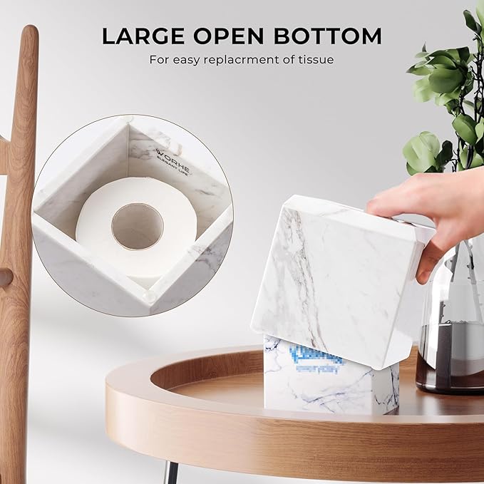WORHE Tissue Box Cover Italy Natural Marble Heavy Duty Square Facial Toilet Paper Holder for Bathroom Living Room Bedroom Dresser Vanity Kitchen Minimalistic Office Home Decor Jazz White (WH014)