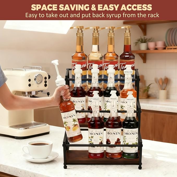 Coffee Syrup Rack Organizer, 3-Tier | Metal Bottle Holder, Holds 12 Bottles, Rustic Countertop Display Shelf, For Coffee Bar, Kitchen Cabinet, Pantry