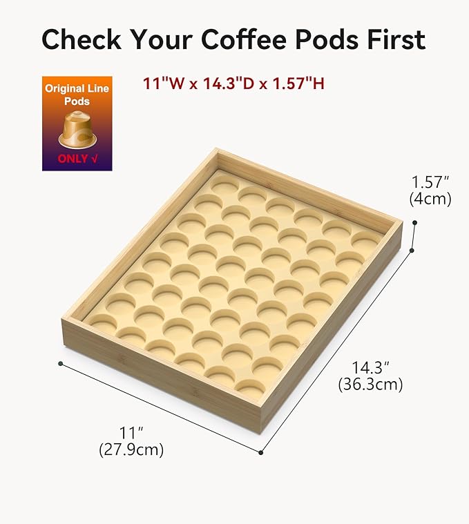 for Nespresso Original Capsules - Bamboo Coffee Pod Storage for Counter Drawer Insert - 48 Capsules Organizer (14.3” x 11” x 1.57”)