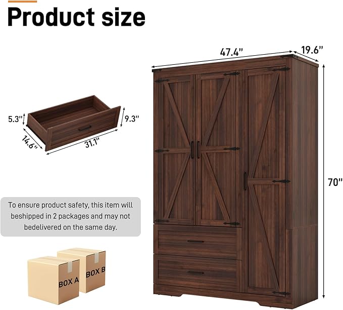 St.Mandyu Farmhouse Wardrobe Armoire Closet with 3 Doors and 2 Drawers, 70.1" Wooden Clothing Storage Cabinet, Freestanding Large Capacity Storage Wardrobe Armoire with Hanging Rod for Bedroom, Brown