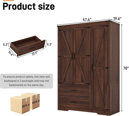 St.Mandyu Farmhouse Wardrobe Armoire Closet with 3 Doors and 2 Drawers, 70.1" Wooden Clothing Storage Cabinet, Freestanding Large Capacity Storage Wardrobe Armoire with Hanging Rod for Bedroom, Brown