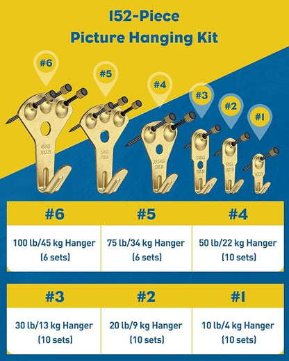 Uniclife 152 Pcs Picture Hanging Kit, 10 lb, 20 lb, 30 lb, 50 lb, 75 lb, 100 lb Heavy Duty Picture Hangers for Drywall & Wood, Picture Hanging Hooks, Frame Hooks for Hanging Photos Mirrors Paintings