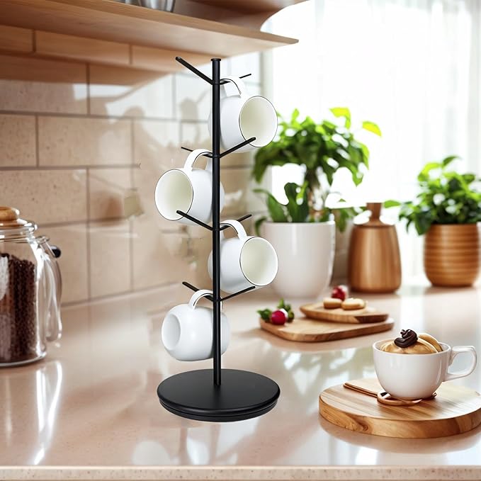 360° Rotating Mug Tree, Large 8 Hooks Upgraded Stable Metal Mug Holder, Bamboo Base Coffee Mug Cup Rack for Counter Top, Mug Display, Home Storage and Cup Organizer, Black