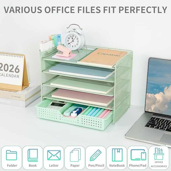 Desk Organizer and Accessories, 5-Tier Paper Letter Tray Organizer with Drawer & 2 Pen Holders for Desktop File Organization, Office Desk Accessories for Supplies Storage (Green)