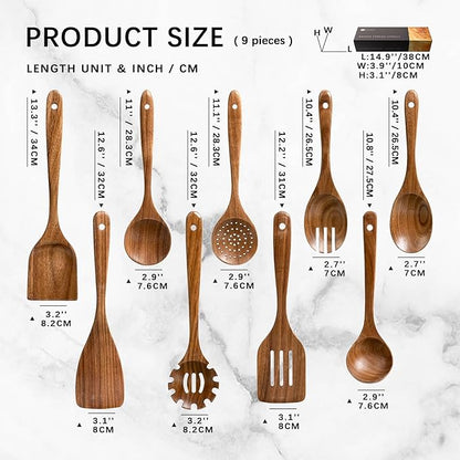 Wooden Spoons for Cooking, Nonstick Cooking Utensil Set with 9 Piece Acacia Wooden Spatulas and Spoons for Cooking, Terrific for Everyday Kitchen Tasks