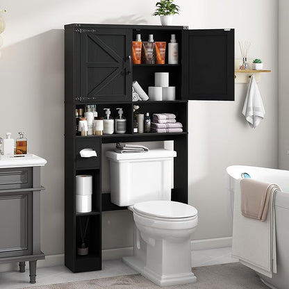 Vabches Over The Toilet Storage Cabinet, Farmhouse Storage Cabinet Over Toilet with 2 Barn Doors && Toilet Paper Holder Stand，Home Space-Saving Toilet Rack, for Laundry, Restroom, Bathroom.Pure Black