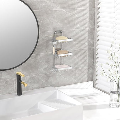 Moforoco Silver Soap Dish Holder for Shower Wall, No Drilling, 3-Tier 304 Rustproof Stainless Steel, Soap Bar Holder with 4 Hooks, Shampoo Bar Holder for Shower Caddy for Bathroom