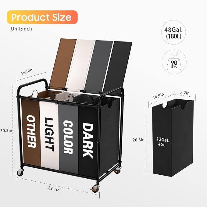 Laundry Sorter 4 Sections 48 Gal, Rolling Laundry Basket with Lockable Wheels and Lid, Laundry Hamper with 4 Separated Removable Bags Dirty Clothes Hamper for Laundry Room, Multicolor