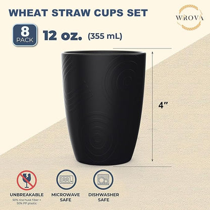 Wrova Wheat Straw Cups 8 PCS Good Alternative to Plastic Reusable Cups 12 oz Unbreakable Drinking Cup Reusable Dishwasher Safe Water Plastic Glasses Pure Black