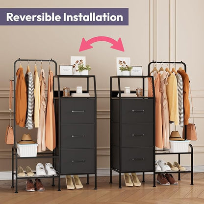 SWTYMIKI Dresser with Hanging Rack - 3 Fabric Drawers Kids Dresser for Bedroom - Reversible Tall Storage Tower, Small Space Clothes Storage Organizer Cabinet for Apartment, Dorm 49.21''H, Black