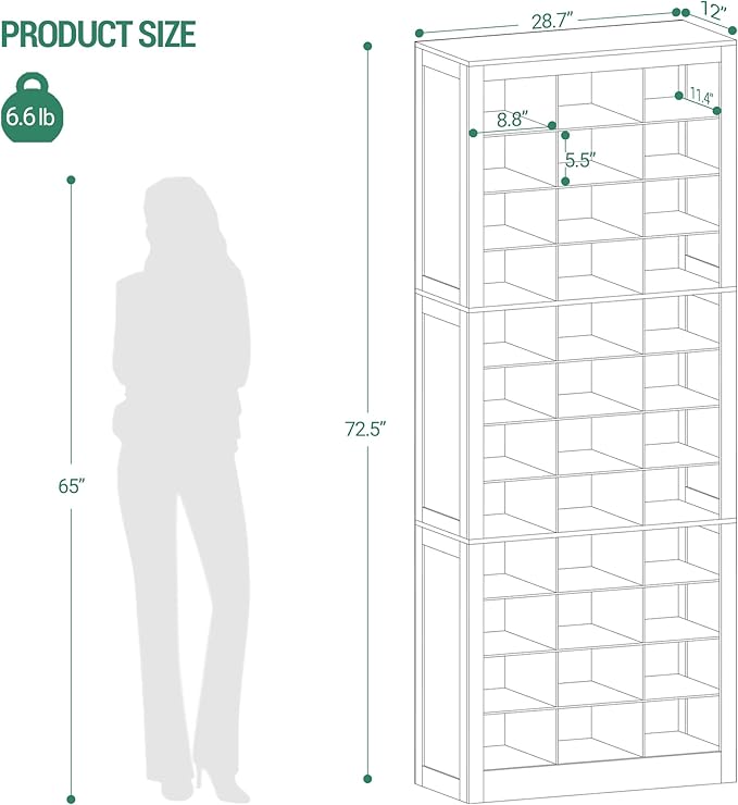 Hzuaneri Shoe Storage Cabinet, 36 Pairs Free Standing Closet Organizer, 9 inch Widened Cell Wood Shoe Organizer, 12 Tiers Vertical Space Saving Shoe Rack for Entryway, Cloakroom, Black SR20704X
