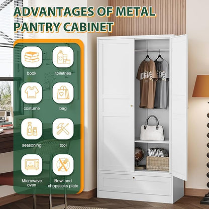 Letaya Wardrobe Closet,72" H Clothing Metal Storage Cabinet with Storage Drawer Adjustable Shelves and Hanging Rod,Bedroom Armoire Cabinet Clothes Organizer (White)