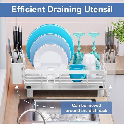 MOUKABAL Dish Drying Rack, Dish Rack, Stainless Steel Dish Racks for Kitchen Counter, Dish Drainer with Removable Utensil Holder, Drainboard (White,13''W x 17''L)