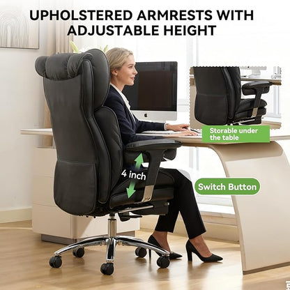 Efomao Big & Tall Executive Office Chair with Footrest - 400lbs Heavy Duty High Back PU Leather Desk Chair, Modern Ergonomic Reclining Computer Chair, Black