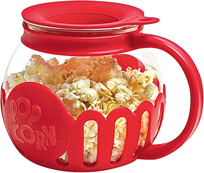 Ecolution Patented Micro-Pop Microwave Popcorn Popper with Temperature Safe Glass, 3-in-1 Lid Measures Kernels and Melts Butter, Made Without BPA, Dishwasher Safe, 1.5-Quart, Red