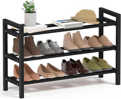 Haddockway Bamboo Shoe Rack for Closet, Free Standing Shoe Organizer with Smooth Round Rods & Convenient Handles, Stackable Shoe Storage Shelf for Entryway, Hallway(Black, 3-Tier)