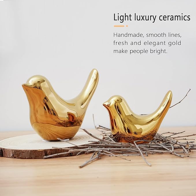 WhimWove 2 Pcs Ceramic Small Bird Figurines Modern Animal Statues for Home 、Room Decor and Bedroom Decor and Bookshelf Display (Gold)