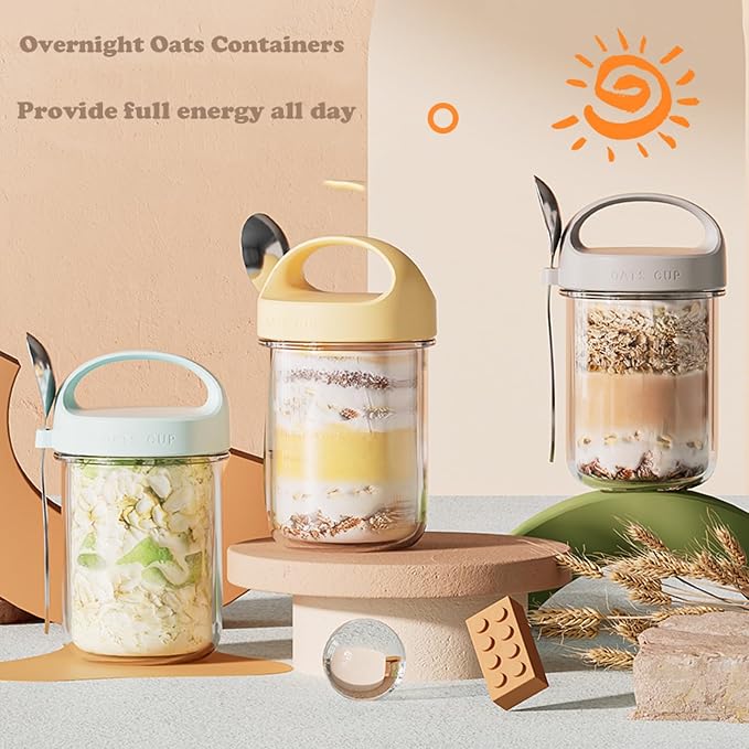 2Pack Overnight Oats Containers with Lids and Handle,14 oz Airtight Oatmeal Container,Mason Jars with Lid for Cereal,Milk,Fruit,Yogurt,On The Go Container,Salad Jars,Glass Jars (Grey)