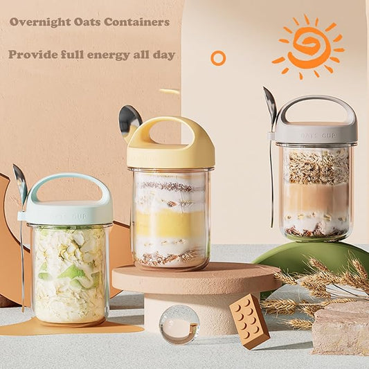 2Pack Overnight Oats Containers with Lids and Handle,14 oz Airtight Oatmeal Container,Mason Jars with Lid for Cereal,Milk,Fruit,Yogurt,On The Go Container,Salad Jars,Glass Jars (White)
