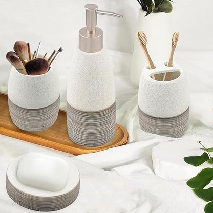 CERBIOR Bathroom Accessories Set,4 Pcs Ceramic Bathroom Decor Accessory,Includes Toothbrush Holder, Toothbrush Cup, Soap Dish for Decorative Countertop and Housewarming Gift, (Grey White)