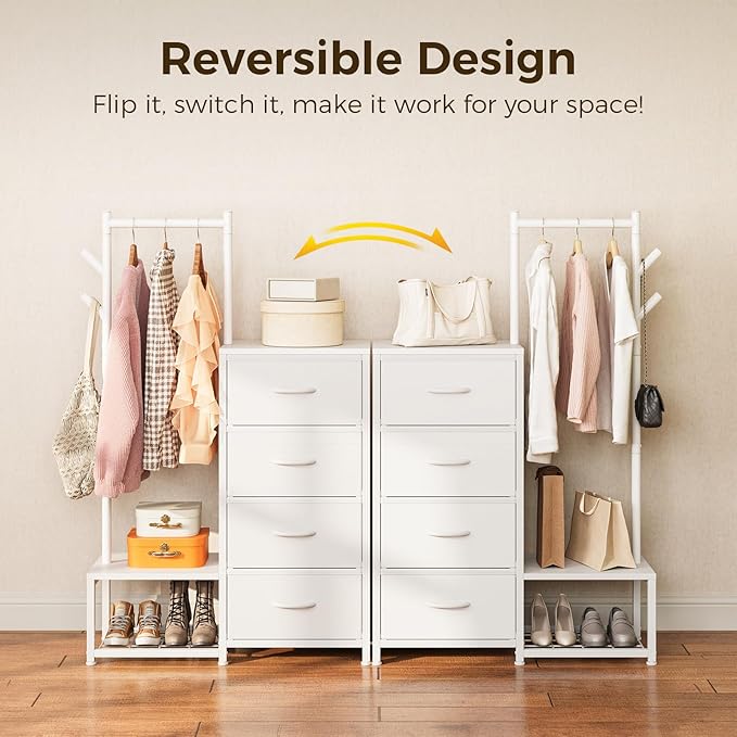 KKL Small Dresser for Bedroom with Clothes Hanging Rack, Reversible Bedroom Dresser with Shoe Rack & 4 Fabric Drawers, 3-in-1 Storage Chest of Drawers with Storage Shelves & Tree Hooks, White