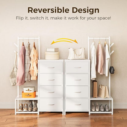 KKL Small Dresser for Bedroom with Clothes Hanging Rack, Reversible Bedroom Dresser with Shoe Rack & 4 Fabric Drawers, 3-in-1 Storage Chest of Drawers with Storage Shelves & Tree Hooks, White
