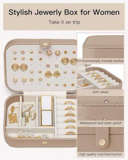 VLANDO Travel Jewelry Case for Women Girls Mothers, PU Leather Small Jewelry Box for Rings, Necklaces, Bracelets, Earring Holder Organizer Storage for Travel Accessories, Valentines Gift - Toffee