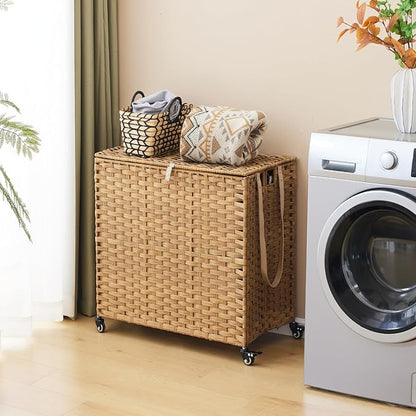 Laundry Hamper with Wheels, 39.6 Gallon(150L) Rolling Laundry Basket with Lid, 3-Section Rattan Clothes Hamper with 3 Removable Liner & 3 Mesh Bags, Laundry Sorter with Side Pocket, Natural