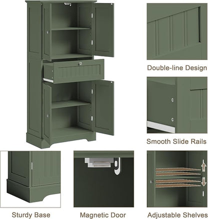 ChooChoo 51" H Tall Bathroom Floor Cabinet, Modern Bathroom Storage Cabinet with Drawer and Adjustable Shelves, Freestanding Kitchen Pantry Cupboard with 4 Doors for Living Room, Green