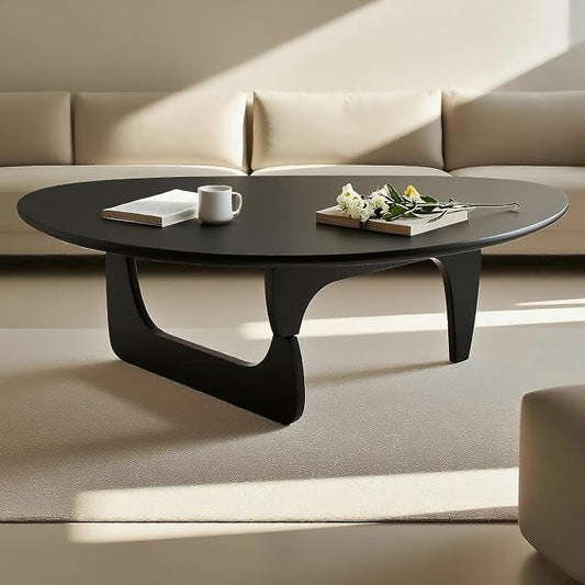 Solid Wood Triangle Coffee Table,Unique Mid Century Modern Oval Coffee Table,Irregular Geometric Tea Tables for Home Living Room with Wooden Tabletop and Reinforced Legs Black 50" L x 31" W x 16" H